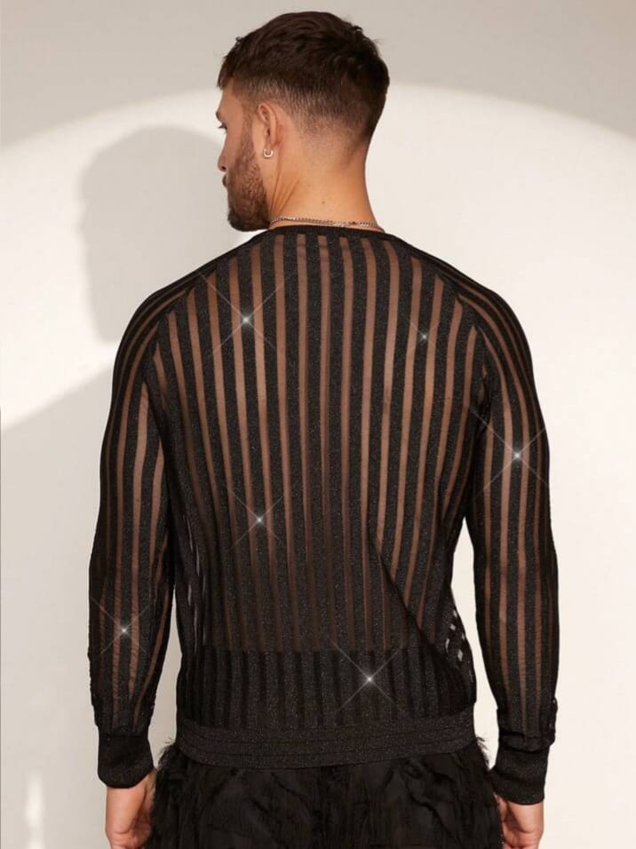 BONGA-BOYS Men's Striped Sexy crew Neck Long sleeve TShirt